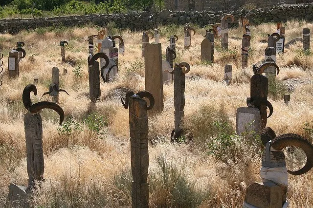 Nokhur cemetery goat horn gravestones Turkmenistan